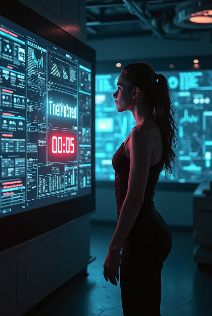 crie um background com a imagem de uma cyberpunk mulher de costas para a camera, In front of you are several computer screens with various candlestick charts