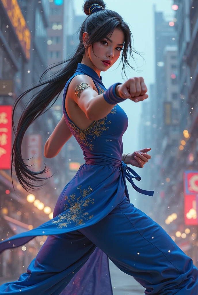 (masterpiece, best quality), 1girl, Cadet blue Slicked-Back Undercut with Side Part, Size B breasts, <lora:girlliketsuuhaiken:0.8> tsuuhaiken, outstretched arms, hand close to waist, lunge, sidelocks, longhair, wristband, sleeveless, chiffon floral qipao, fluttering skirt, wind, dust, steam