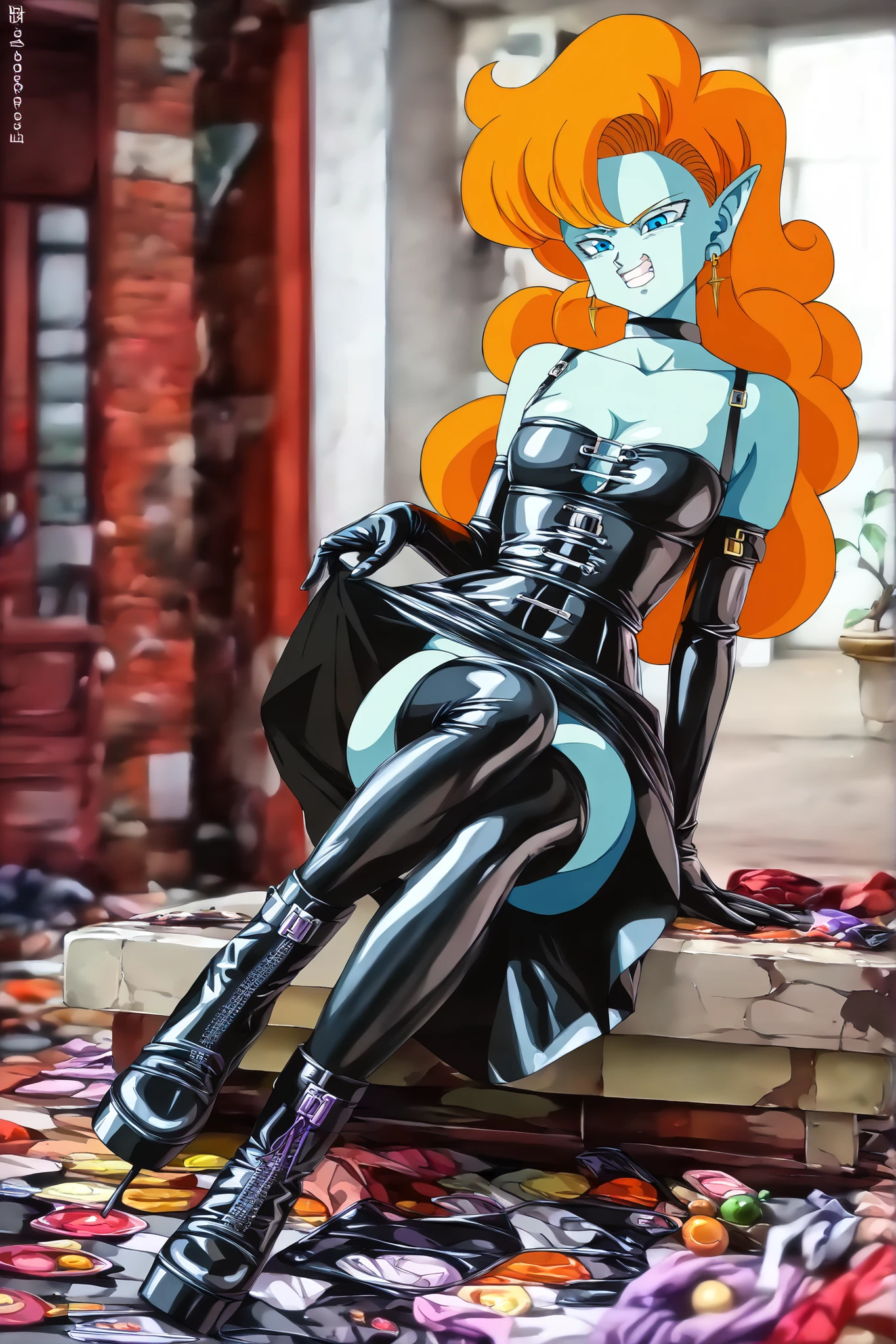 (((sitting cross-legged)))、、、Queen、、(((1 person)))、(((solo:1.8)))、(((black latex elbow gloves:1.4)))、(((black latex corset dress:1.4)))、(((corset dress is decorated with beautiful lace)))、(((Corset Dress with Shoulder Straps)))、(((black latex tight miniskirt:1.4)))、(((black thigh-high boots:1.4)))、(((Black rubber tights:1.tiletto heel boots:1.tiletto Boots:1.4)))、(((black latex high leg panties)))、(((black latex bra)))、(((Black leather collar)))、(((pose:1.4 )))、Wide legs:1.2、(((erotic)))、(((cowboy shot)))、クローズup、(((place your hands on your hips)))、beautiful eyes with highlights、Completely Bound、perfect 2 anatomical arms、perfect anatomically based 2 legs、(perfect 4 fingers and 1 thumb)、最高masterpiece、masterpiece、absurdres、High Definition、Hi-Res 8k、detailed faces with ofisu、detailed eyes、Detailed Hairstyle、score_8_up, score_7_up, score_6_up, score_5_up, score_4_up, masterpiece, High Quality, BREAK, full body, BREAK, 1girl, Zangya (Dragon Ball), orange hair, (((blue skin))),Staring at Viewers、grin、grin