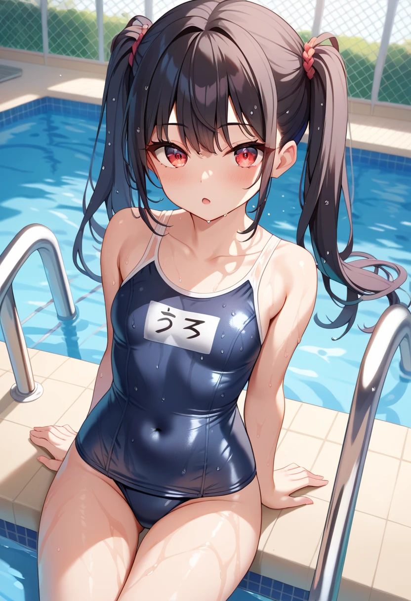 masterpiece, best quality, ultra detailed,,1girl, blush, sweat, hair ribbon, twin tails, ((school swimsuit)), pantyhose, dark skin, slender, dynamic pose, pool