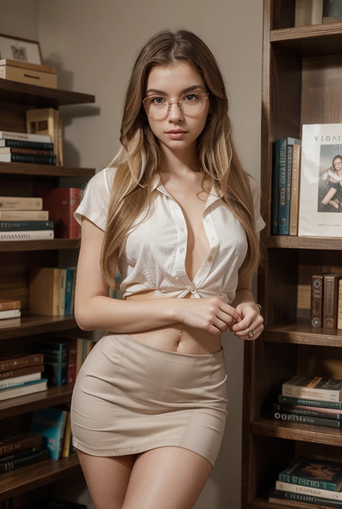 22 year old white female、hair color is brown、brown eyes、long hair、straight hair、accessories on wrist、wearing a necklace、has earrings、skin is smooth、Slender but muscular body、smile、Inside a historic library、I am sitting on a chair in front of a desk with many old documents piled up on it.、holding a pen and writing on paper、wearing a blouse、wearing a tight skirt、wears glasses with thin frames、There are many frames with photos on the wall.