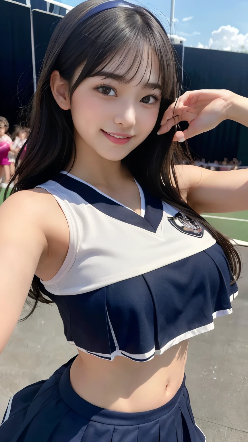 The pieces fly, Highest quality, figure, Very detailed, finely, High resolution, 8k wallpaper, Perfect dynamic composition, finelyてBeautiful Eyes,Medium Hair,Small Breasts Natural Color Lip, Bold sexy pose,smile,Harajuku、20-year-old girl、cute、sexy shot looking at camera、Natural Hair , whole body((Realistic lighting, Highest quality, 8k, masterpiece: 1.3)), Clear focus: 1.2, 1 girl, Perfect figure: 1.4,(Cheerleader:1.3),(Outdoor:1.5),(Look at armpits:1.5),(Stadium:1.1),(Cheer Dance:1.3) Very beautiful face, Beautiful Eyes, double eyelid,smile