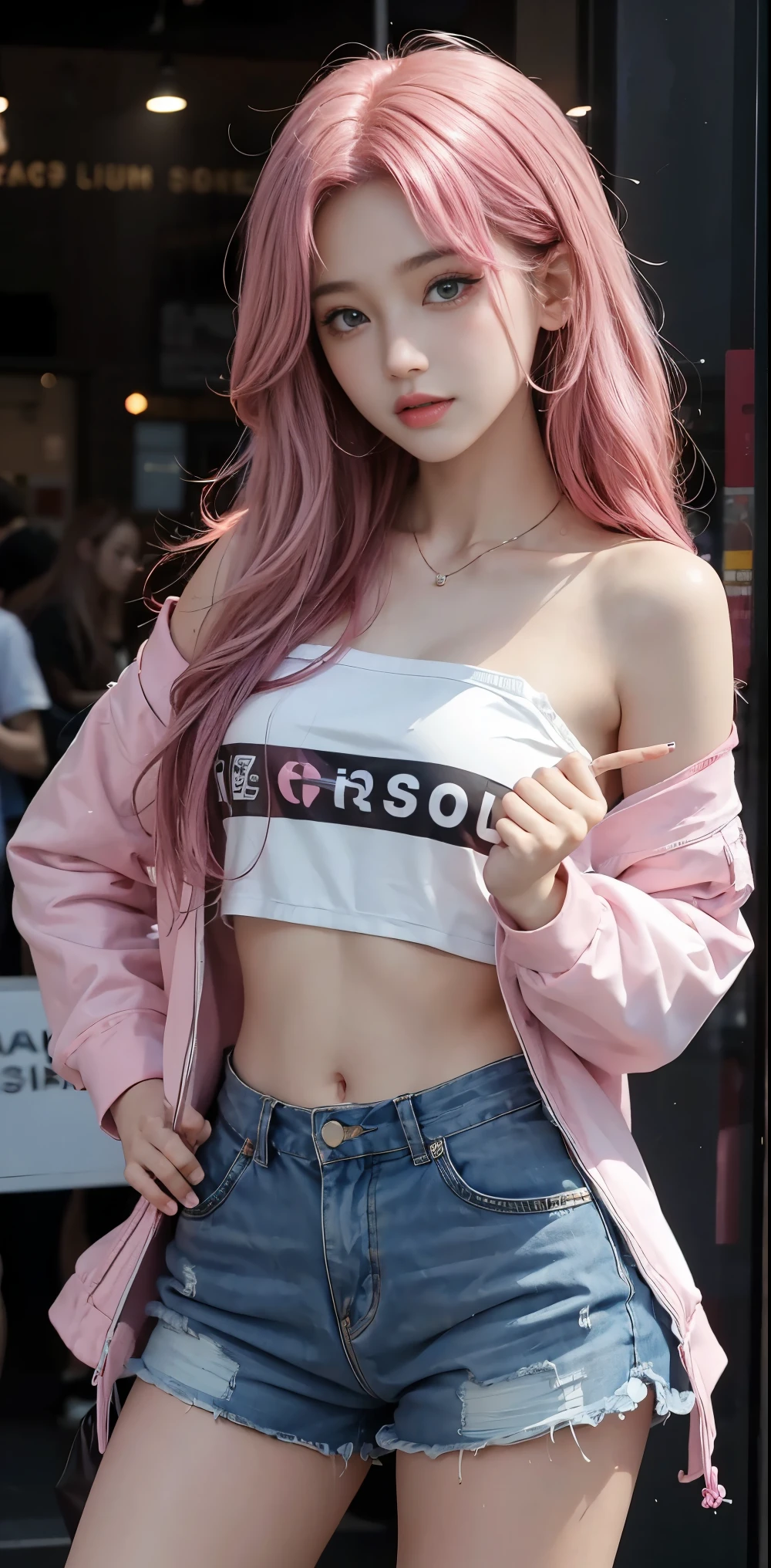 A girl with a perfect figure, very beautiful face and eyes,pink hair, , Huge breasts,Huge breasts,The bust is really big,Baogou,racing girl clothing,Low-cut, mini skirt,beautiful skin,Soaked clothes