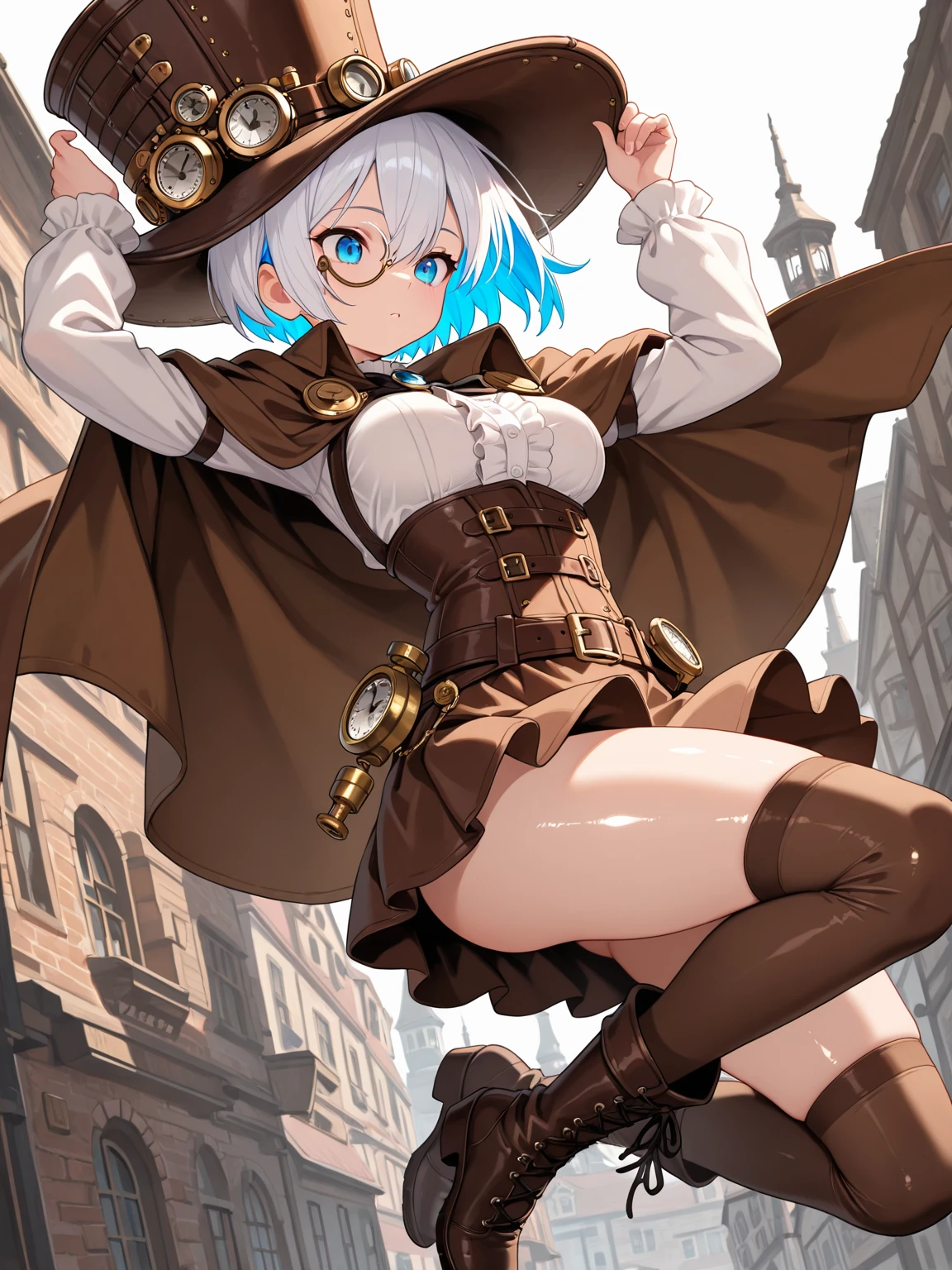 Woman, (((from below))), busy city, foreshortening, (seductive pose, gigantic drooping chest, very marked, cameltoe), looking at the viewer, crazy, black cuts, (eye contact), photorealistic, masterpiece, realistic, high contrast, hyper detailed, best quality, ultra high resolution, photorealistic, high resolution, detailed, raw photo, (((steampunk style,steampunk city)))