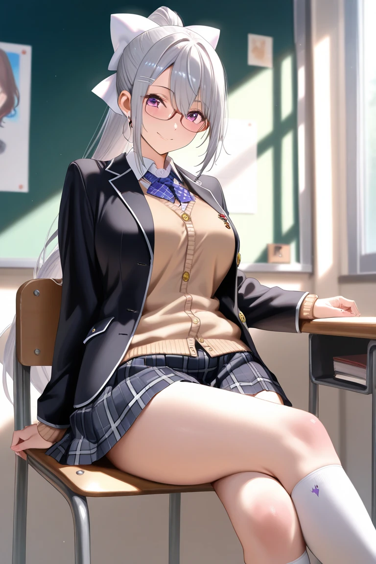 ((1 girl:1.5))、(smile:1.5)、、(cowboy shot)、(fun!!)、(white cardigan:1.5)、(dog ears)、(silver hair)、(blush:1.5)、(long hair)、(eye highlights:1.3)、blake black shoes,(黒いskirt:1.5)、bow, button, shirt with collar, long sleeve, ((red bow tie, ,, white shirt, チェック柄のskirt:1.5、white socks)),, shirt,, skirt, socks, thighs, white shirt, Rest indoors, ((classroom:1.5))、 BREAK while watching the audience、 (perfect hands, perfect anatomy),cowboy shot、(skirtlift:1.3),(highly detailed white panties:1.3)、(highly detailed panties:1.3)、、(skirt that rolls up:1.3)、(fully exposed panties:1.5)、light blue eyes