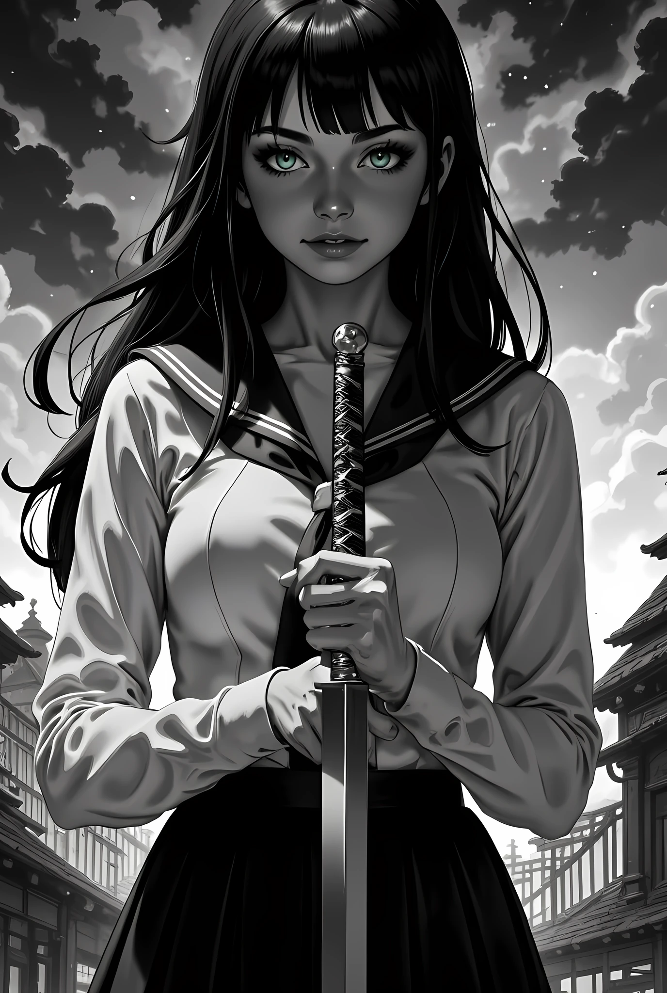 g,goth black and white anime art, (black and white art: 1.5) mostly black and white, a full body portrait of a beautiful woman in school uniform, holding a sword, best detailed face, black hair, long hair hair, blue eyes, wearing white school shirt, wearing school skirt, it is cloudy night ,zavy-ctcmcs,