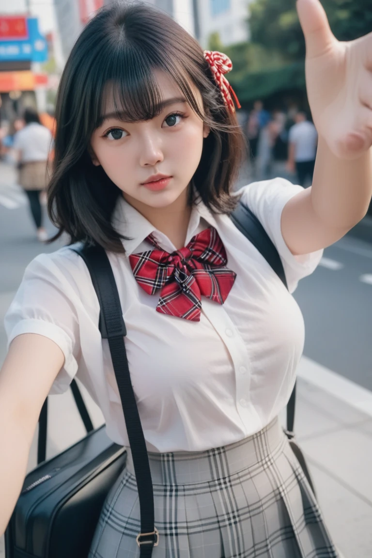 little young girl.................,, in front of the school、Connect to skirt with suspenders、waistband of skirt is at the point above chest , red knot , red bow , skirt dark red , plaid skirt , pleated skirt , Tight shirt ,, nice and cute, Innocent smile, , Lovely smile, sakimichan HDRI、 with short bob、Pose cutely , 8 year old  , big breasts