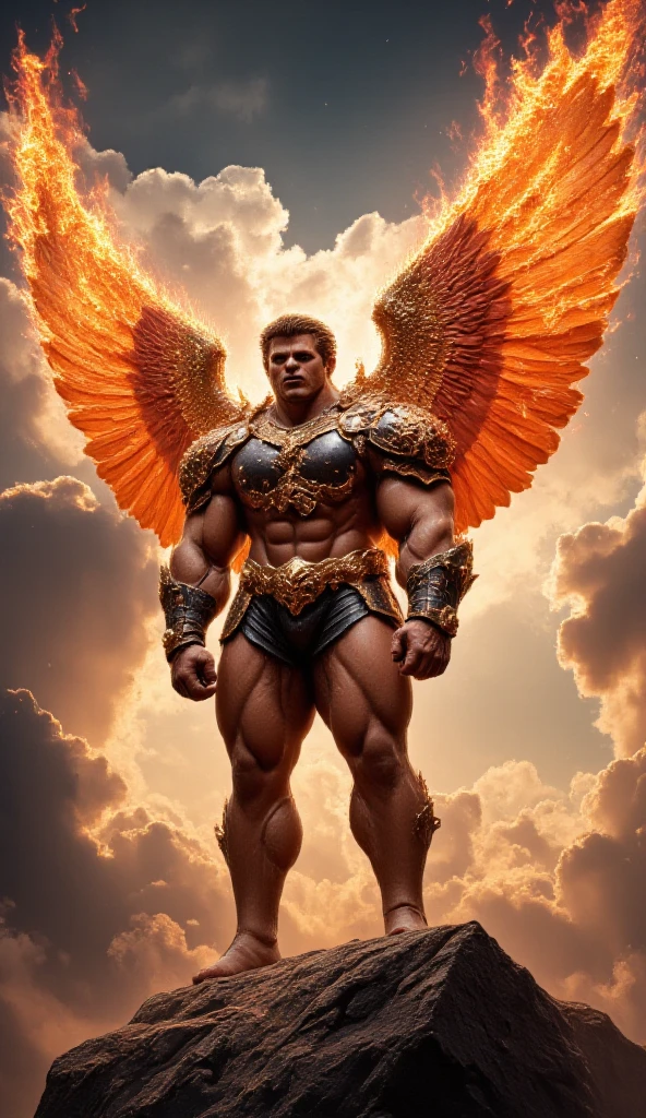 A muscular beast with four arms and three heads and has a celestial weapon