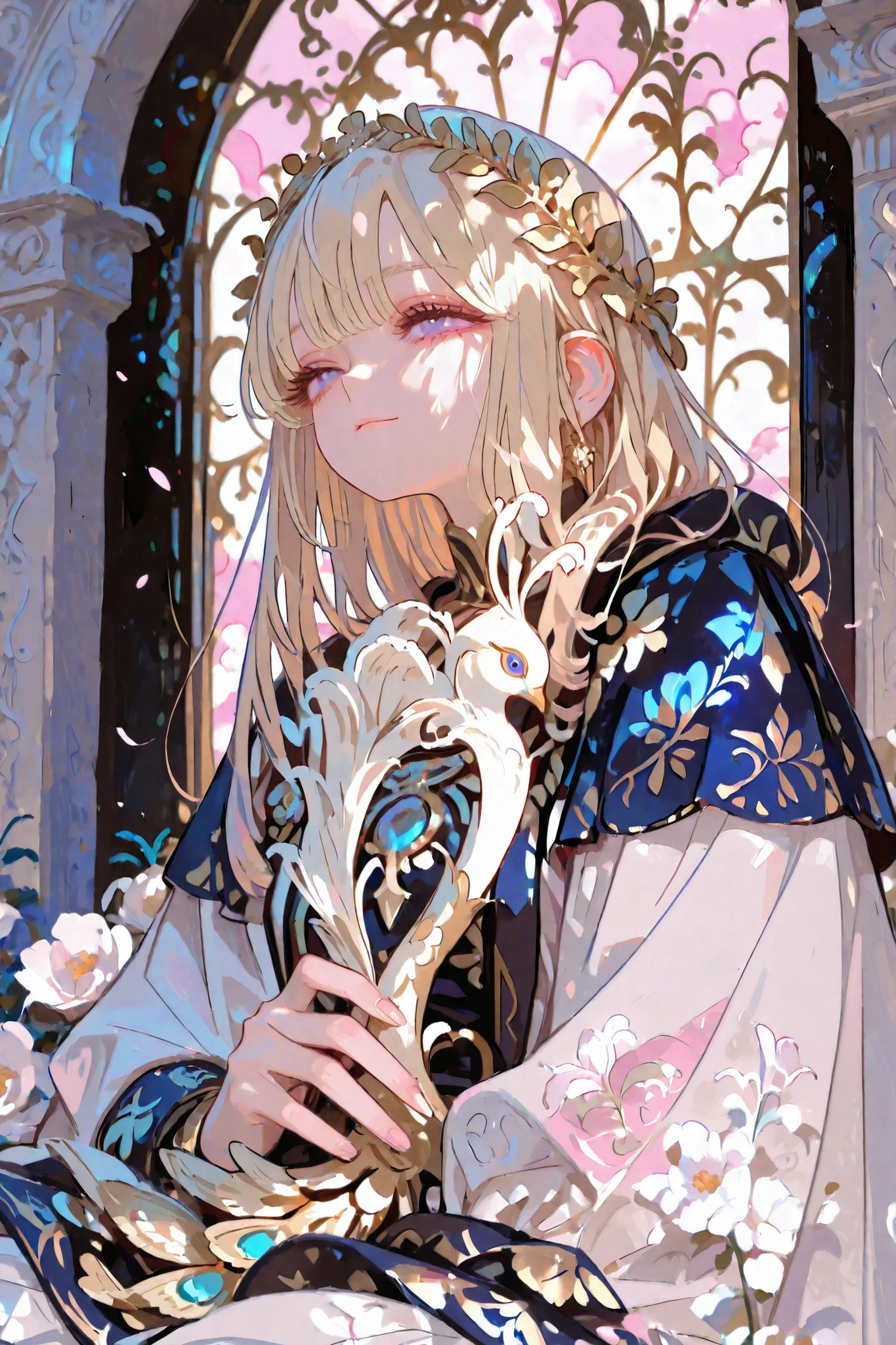 fantasy, blue theme, night theme, 

Juno, the goddess of Roman mythology; a symbol of the June bride; a majestic appearance; flowing blonde hair and deep blue eyes; a pure white silk dress (decorated with gold peacock feathers); a shining olive wreath in her hand symbolizing the protection of love and marriage; a white temple in ancient Rome; soft twilight; thin clouds floating in the pink and gold sky; white roses in full bloom; a sacred and romantic atmosphere swaying in the breeze; delicate expression of light; luxurious and graceful details; warm and fantastical colors; scenes that highlight Juno's dignity and the power of love, long hair, (protection of love and marriage:1.2),

masterpiece, (detailed beautiful face and eyes:1.2), super detailed skin, highly detailed background, elaborately designed clothes, intricately embroidered clothing, long eyelashes, clear eyes,