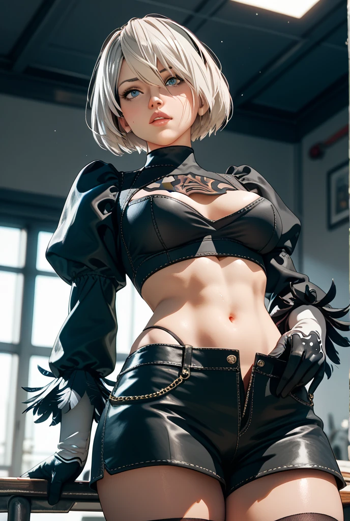 （Real 16k,Realistic details）, Holding a Japanese sword..., Black short skirt, (Nierオートマタをベースにした) 、（Perfect body standing in beautiful pose, Perfect Girl）, Perfect detail, Ultra HD 8K, Professional photos,Style 2B, Very detailed (Very beautiful blue eyes), Destroyed slums, （Stance for battle, Combat Stance）, Green Gas, haze, Mystical style, night, explosion, flash, Mystical style, Very detailedな ユニティ 16k 壁紙, Detailed light, Cinematic lighting, chromatic aberration, Sparkling, Expressionless, Very detailedな リアル 16k 壁紙, Detailed light, Jinx character design, A magnificent composition, Dark background, Very detailed, Detailed body, Detailed face, Sharp Focus, Sharp Focus, The face is severely drooping, Detailed eyes, Ultra-fine illustrations, Better Shadows, In detail, Beautiful details glow, Beautiful details, Very detailed, Expressionless, A magnificent composition, Unreal Engine のコピー, Presented at artstation, Octane Rendering, society, artstation hd, Cinematic, Real 16k, Hypermaximalist, （League of Legends\)、Yoruhano. 2 Type B, One Girl, Wow,, chest, chestの谷間, chestの谷間 cutout, Clothing cutouts, Green background, Hair between the eyes, hair band, High resolution, Juliet Sleeve, Long sleeve, Nier (series), Nier Automata, Puffy sleeves, Red lips, Shadowed face, short hair, alone, turtleneck, （Whole body image）, Gray Hair, Sky Porn、(Protruding nipples: 0.5) 