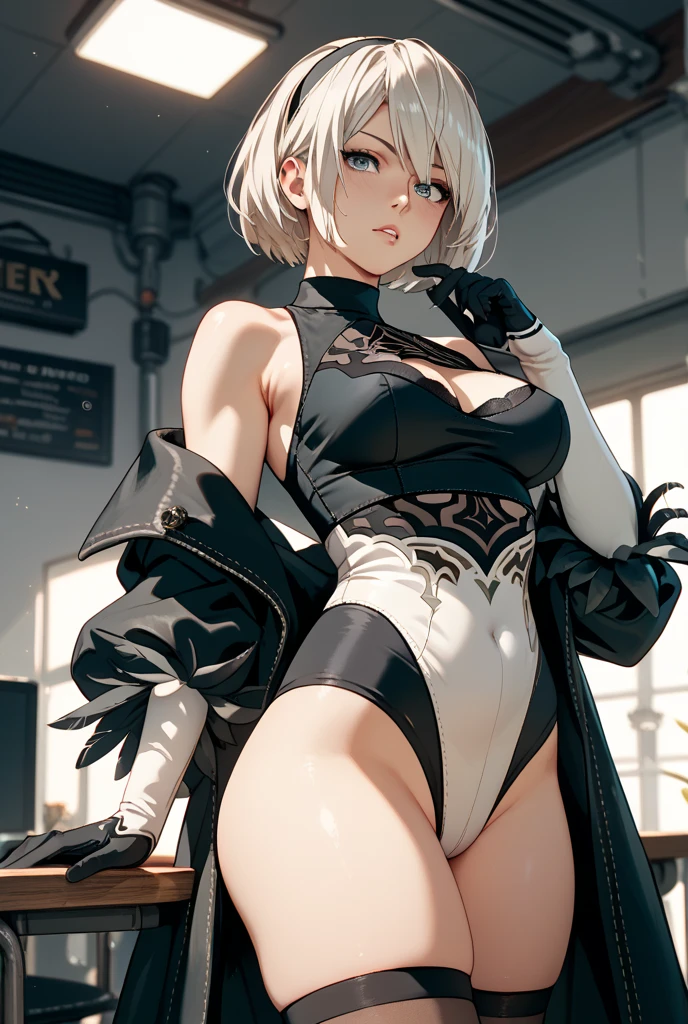 Her clothing is that of a woman., platinum blonde hair but the roots of the hair are black, She has her hair tied up like it was a tomato., The right part of the hair is loose while the left remains firm due to the bun., yellow eyes, white tea and tempting lips. She has a black bikini with a very open neckline., as detail, a button on her blouse is broken on her chest, The blouse is white and low-cut and the shoulders are not covered, It has sleeves but they are cut off at the shoulders, white.., It has a thin waist that is pleasing to the eye.., hips and butt very marked by his very, very damaged pants, You have to have many tears and their respective baggy and short black boots.