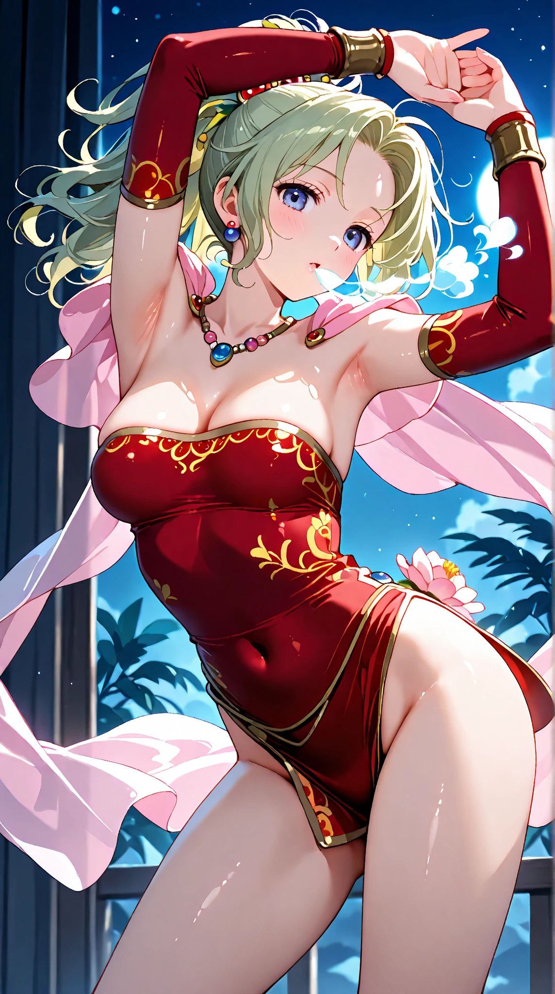 Girl, full body, Tan skin, pink halter neck, blonde Bob hair, navel, hand on hip, mini skirt, big breast, halo, high heels, evil smile, smug, earring, flower petal, ((view from below)), flying