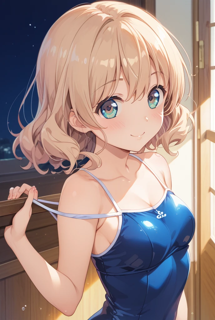 Absurd, Very detailed,Bright colors, Very beautiful and detailed anime faces and eye,indoor, Gazing at the audience,(You can see the starry sky from the window:1.2),(Kind Face:1.4), ribbon, window,Bathroom、Wash your body in the shower,Chair,Hide the box with steam,Blurry,close ~ eye,Open your mouth,Upper body naked、 From the back, Feet are outside the frame, Written boundary depth, Age 25,short hair, , Asymmetrical bangs, Blonde hair in short pigtails, Shiny Hair, Delicate and beautiful face, blush、blue eye, White skin, Valletta, Earrings, necklace,Night view