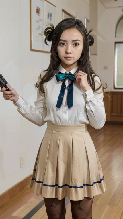 (((alone))),(((1 Girl))), beautiful, shape, Highly detailed skin, masterpiece, Highest quality, Highly detailed face, Vibrant colors, Written boundary depth, Cinema Lighting,, One Girl, alone, Brown eyes, Brown Hair, hair ornaments,Long Hair,Green Check Skirt,, White shirt, ,masterpiece Highest quality 高解像度、, Long Hair, Sit with your knees bent、eight-headed body、beautiful足 、bedroom、As if looking up from below、Embarrassing,Browsing Caution,Camel Toe