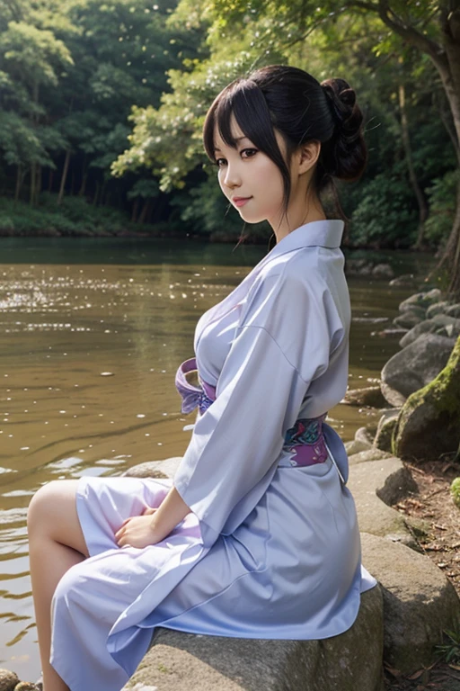 ultra-detailed,highly detailed,best quality,masterpiece,illustration,realistic,
1girl, solo, black hair, short hair, hair bun,
removing kimono,japanese clothes, kimono,
nipples, breasts,
looking at viewer,
outdoors, nature, lake,
kneeling, off shoulder,
<lora:removing kimono_v1_02:0.6>