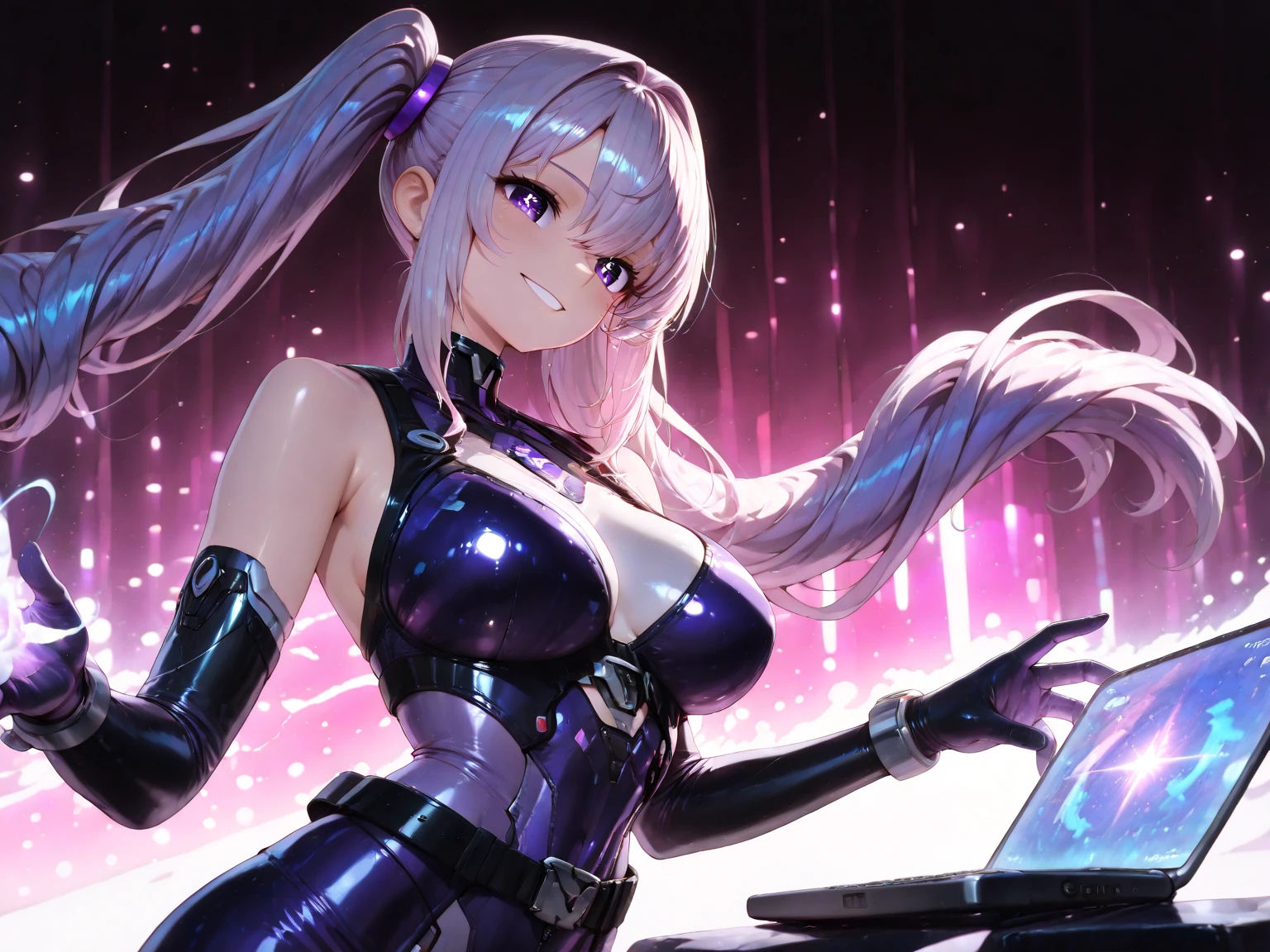 1girl (masterpiece, round_iris, extremely crisp crystalline shiny purple eyes, perfect_anatomy, extremely_captivating_hypnotic_mystic_eyes, ) perfect face, long pink hair, smiling evil, big breasts, gamer girl, gaming room, dynamic pose, best quality, 4k
