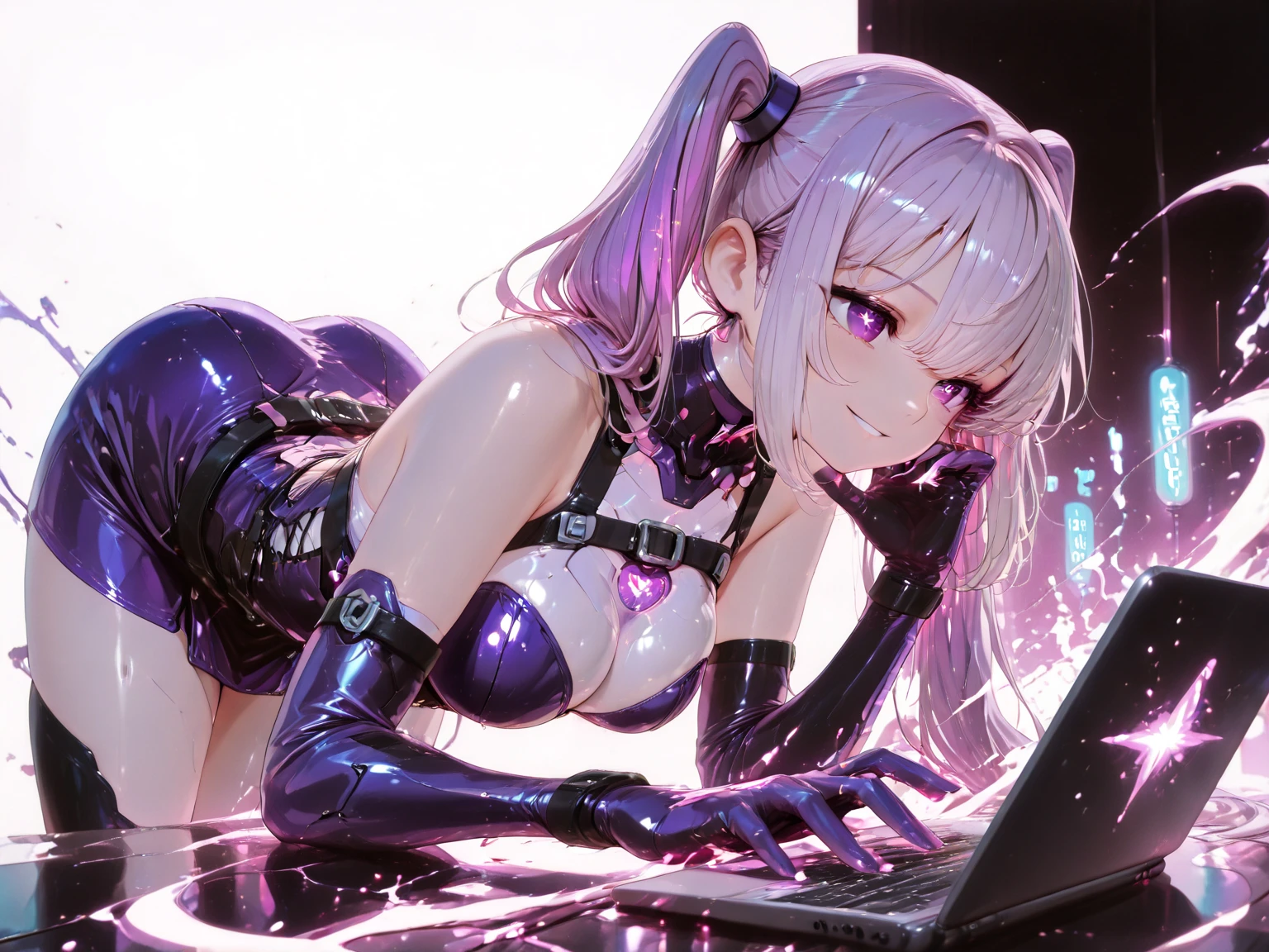 sweet 18 year old, attraktives Gamer-Girl, E-girl with gaming setup and sexy plush, provocative clothing with LED lights and pink straight hair and a seductive smile, Spielen und in die Kamera schauen