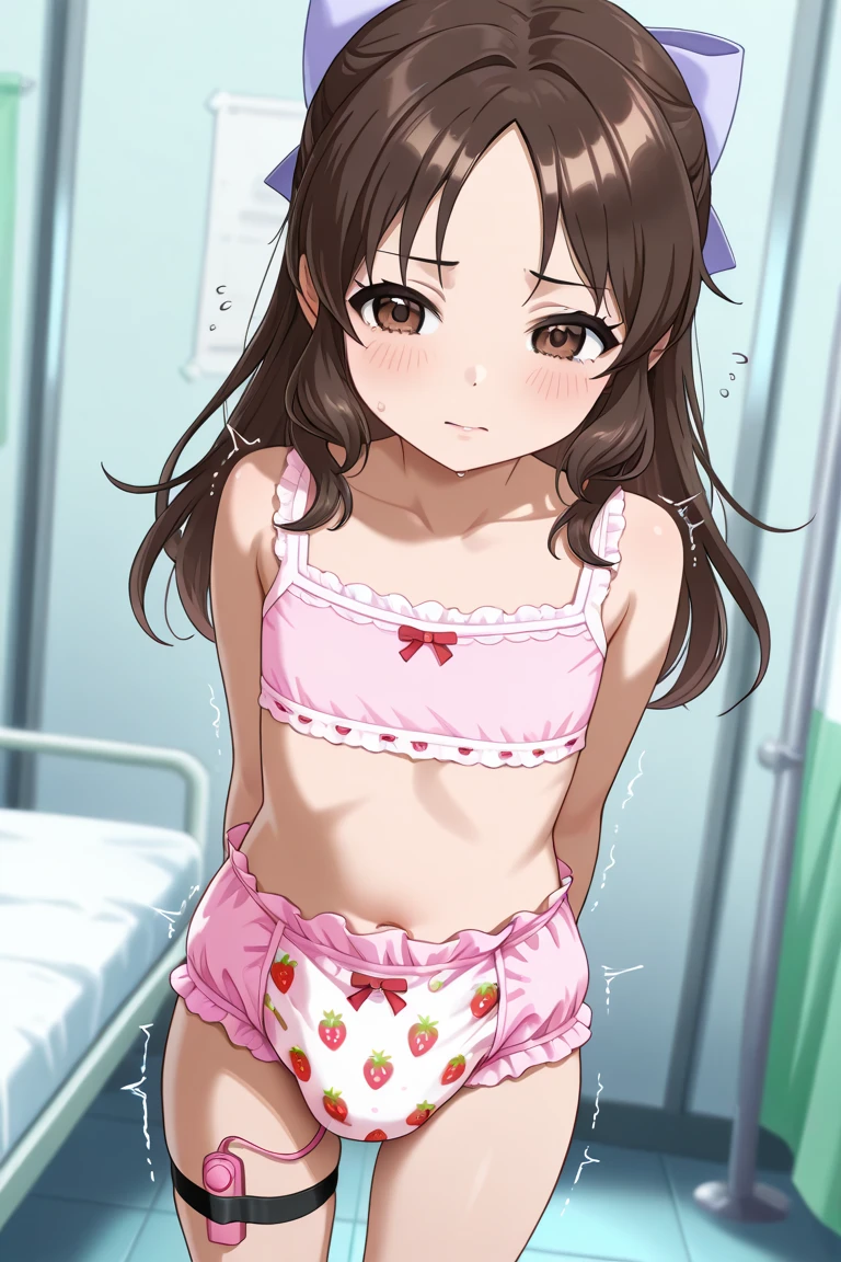(super flat, flat shading, flat color:1.1)、(magazine cover)、An illustration、(One Asian boyish girl)、(cute:1.2)、Very beautiful 14 year old girl manga、cheeks are red、(high detail skin: 1.2)、Photorealistic anime girl rendering、Realistic anime 3D style、cuteボブカット、beautiful brown hair、intense black eyes、strong eye highlights、(be familiar with、Medium chest)、perfect anatomy、hair is dirty、(sweaty)、Pale pink underwear、(wet with water)、thighs are open、head tilt、sit on the bed、((from behind、hind leg、heart cutout、hip incision))、volume lighting、soft light、bright、Light from behind、bright色、watercolor painting、shortcut、hair band、frills、