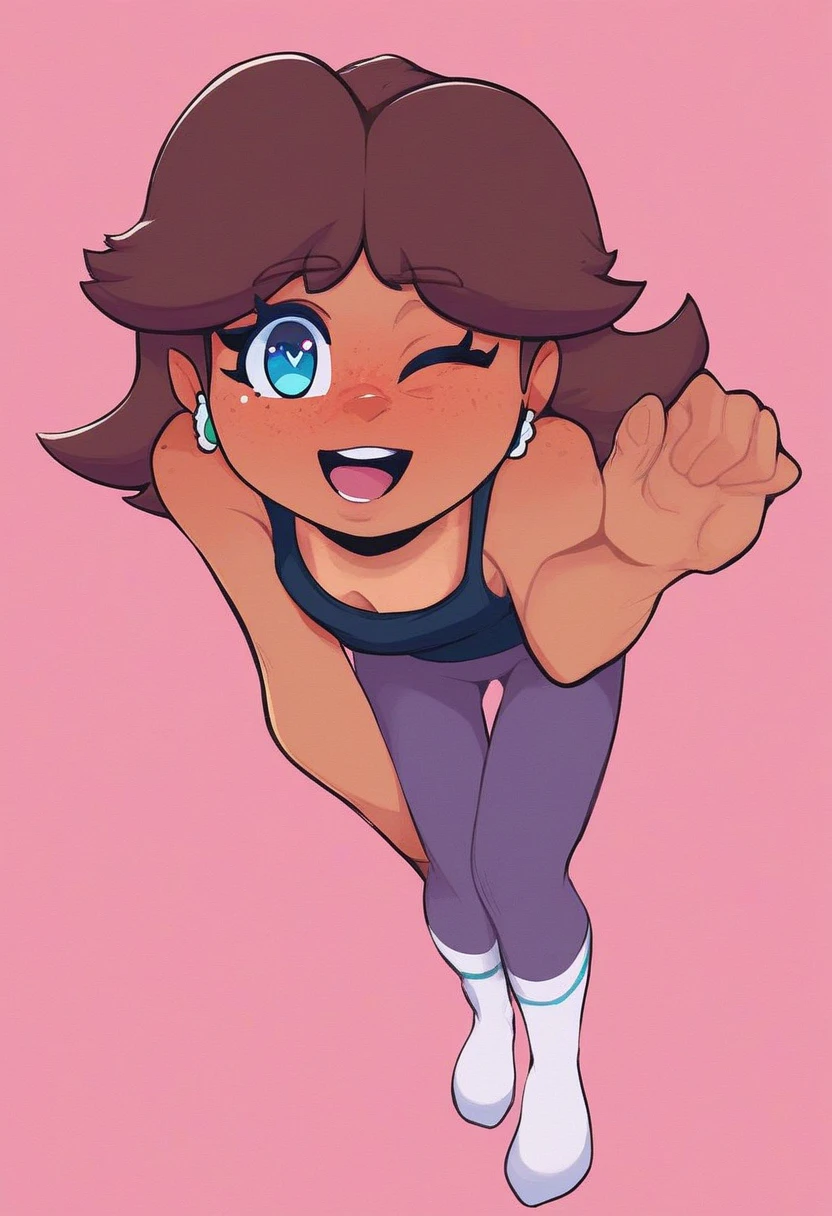 Anime Style, Kevin Dart city background, Beautiful Woman, 20 years old, short brown curly hair, brown eyes, cute smile, medium bust, crop top, boyshorts, flat belly visible