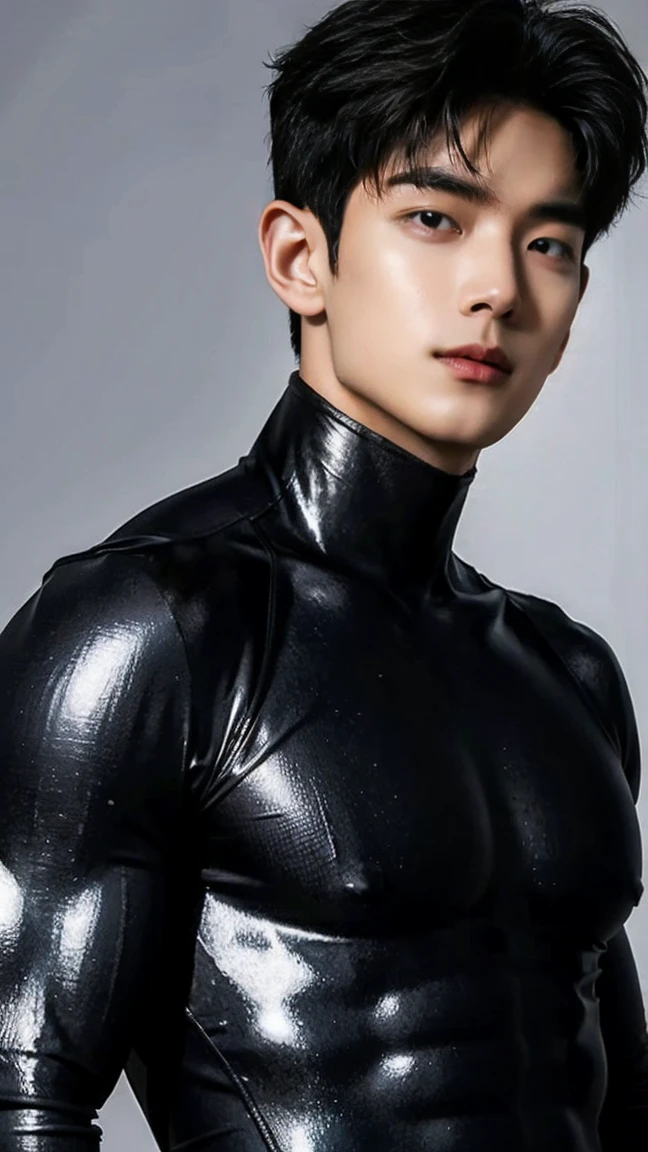 Real life adaption of this character, ((Korean teen handsome face)), Realistic nose,((realistic very Messy white hair)),wear realistic cover eyes with cloth , ((realistic same outfit)), hyper realistic, realism, realistic light, realistic shadow,(photorealistic:1.2),Cool expression,