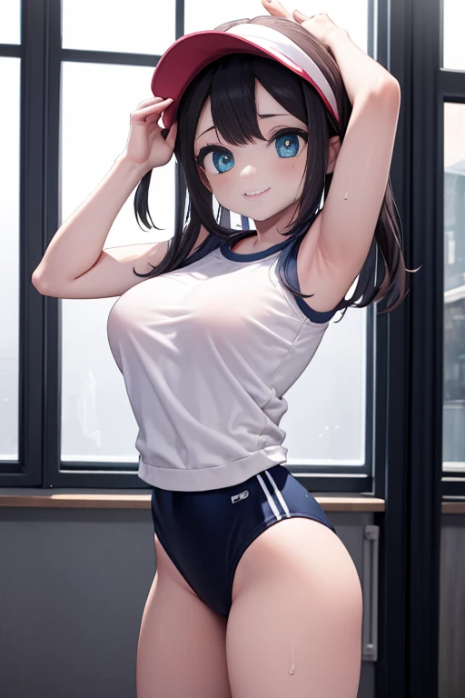 one-piece swimsuit,1girl,white elbow_gloves ,white kneehighs,testicles,smile,black hair,brown eyes,in bedroom,twin tail,flat breast,masterpiece,sweat,heavy
breathing,masterpiece,