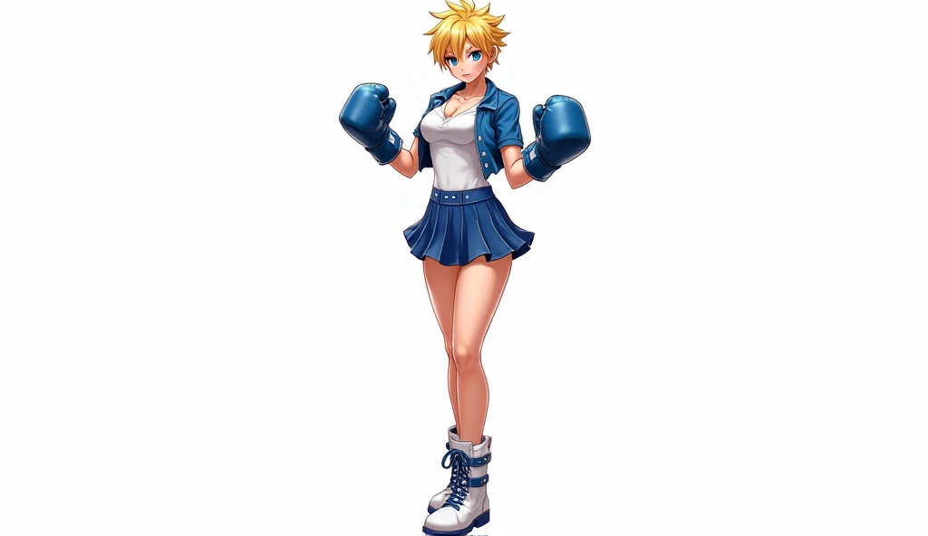 masterpiece, white background, simple background , standing, full body, 1girl, solo, looking at viewer, blonde hair, blue eyes. darl skin, bike shorts, vest, fingerless gloves, boxing, smile <lora:Females Suiko:0.8>