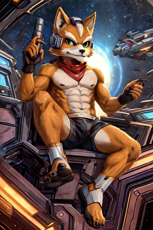 fox mccloud, 4k, high resolution, best quality, detailed, posted on e621, solo, anthro body, male, avarage build, (space background:1.1), correct anatomy, sexy pose, posing, suggestive, strong lighting, (by chunie, by meesh, by Taran Fiddler), fox tail, detailed eyes, red scarf, (half body, upper body):1.1, bare chest, shirtless