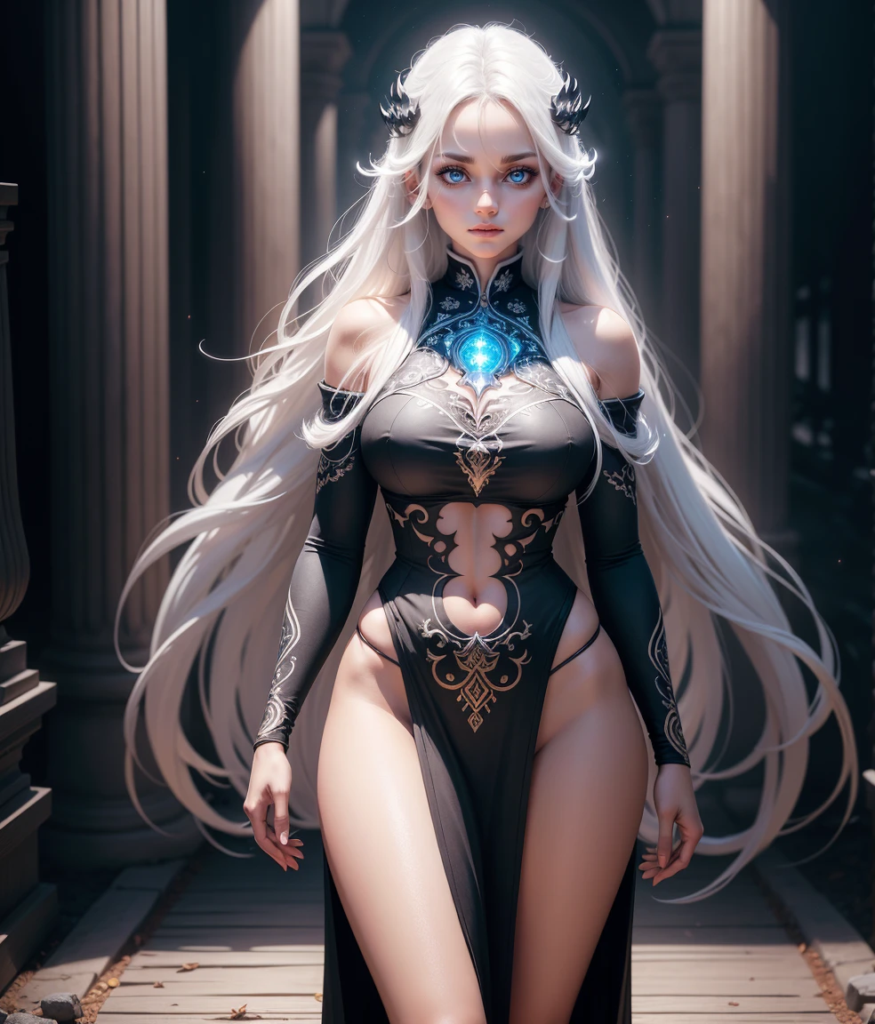 Greek goddes, long white hair, red eyes, black dress, one girl, greek, white girl, art, greek art, goddes, queen, semi realistic, 8k