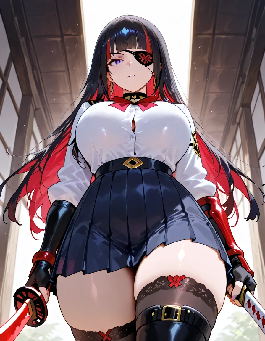 (best quality, In 4K, 8K, High resolution, muste piece:1.2),solo woman,Super detailed, (Reality, photorealistic, photorealistic:1.37), 30 year old woman,ripe woman,Mature woman,muste piece, Top quality, Ultra-fine,maximum resolution, Extremely detailed, ((nun,Angle from below,high neck,stripe panties,thigh high socks)),Cord,Seductive thighs,mini skirt,Iris,RED HAIR,RED EYES,