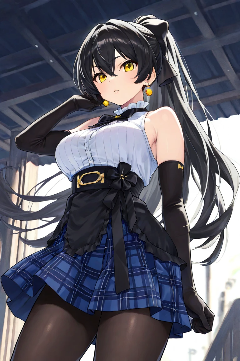 最high quality、Best image quality、masterpiece、With a girl((cute、20-year-old、Best Bust、Medium Bust、Bust 85,Beautiful Blue Eyes、Spread your chest wide,Long black hair、Slender、The best valley、Blue Y-shirt、White short skirt,Show the whole body、Black perforated gloves)）high quality、Beautiful art、background((School、School zone、Strong winds)),Tabletop、Exquisite design、Visual Arts、Depth of written boundary、Best lighting、Highest detail、8ｋ