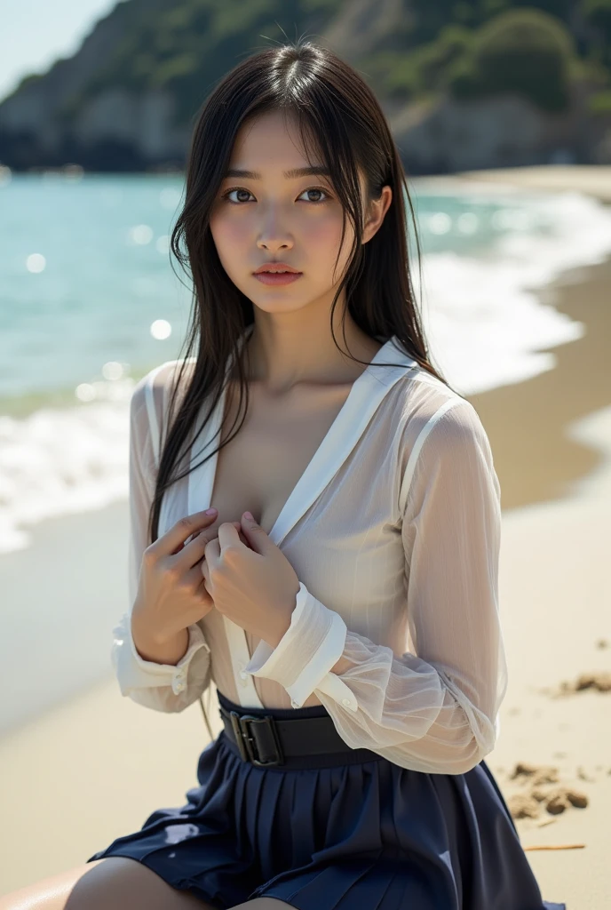 ((The Highest Quality、8k、master masterpiece:1.3))、The eyes are clear and、Girl with long black hair、The eyes are clear and、The upper body is in uniform.、The lower part of the body is undressed、(I'Stick your ass out on the beach)