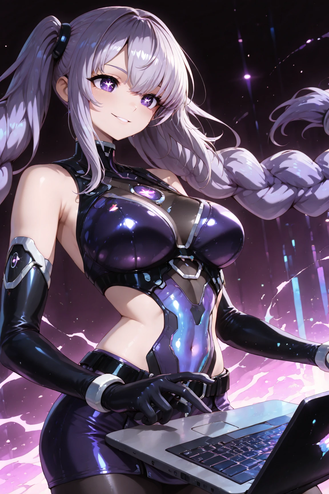 One lady,14years,((White hair) ,((())), ((Normal breasts)), (())(()),(Shiny purple bodysuit with microskirt))),,((Fantasy))(())(Getting by tentacles)