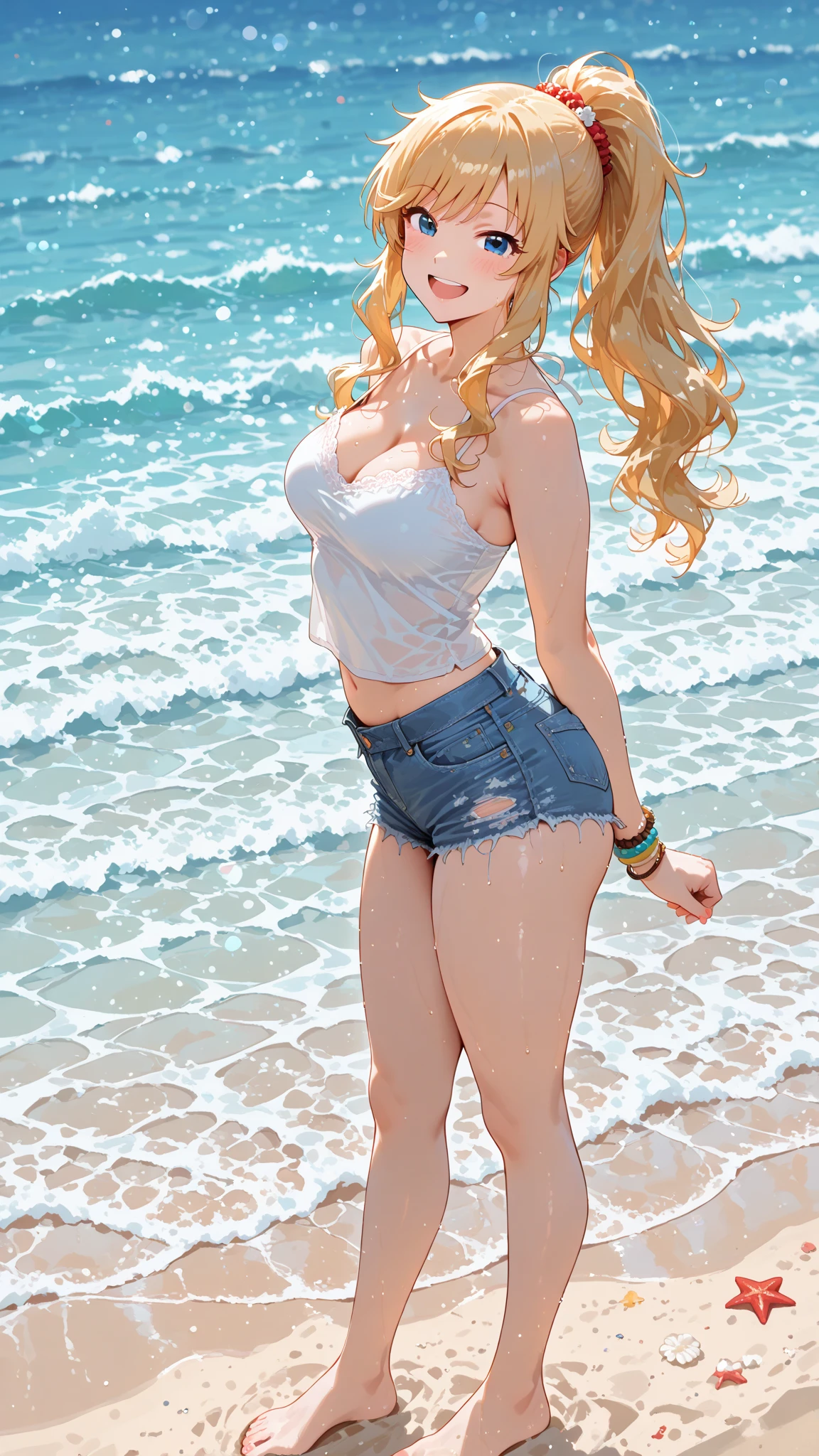 4K, (masterpiece), Highest quality,, ((Browsing Caution:0.9)), (Unbuttoned shirt), panties, (Big Breasts), Nipples, long white hair, blue eyes, smile, Full Height, Clear Eyes, Black eyelashes, (intricate and detailed), dramatic, tendency,Full Body Shot,Centered,Wild feeling,Ocean,