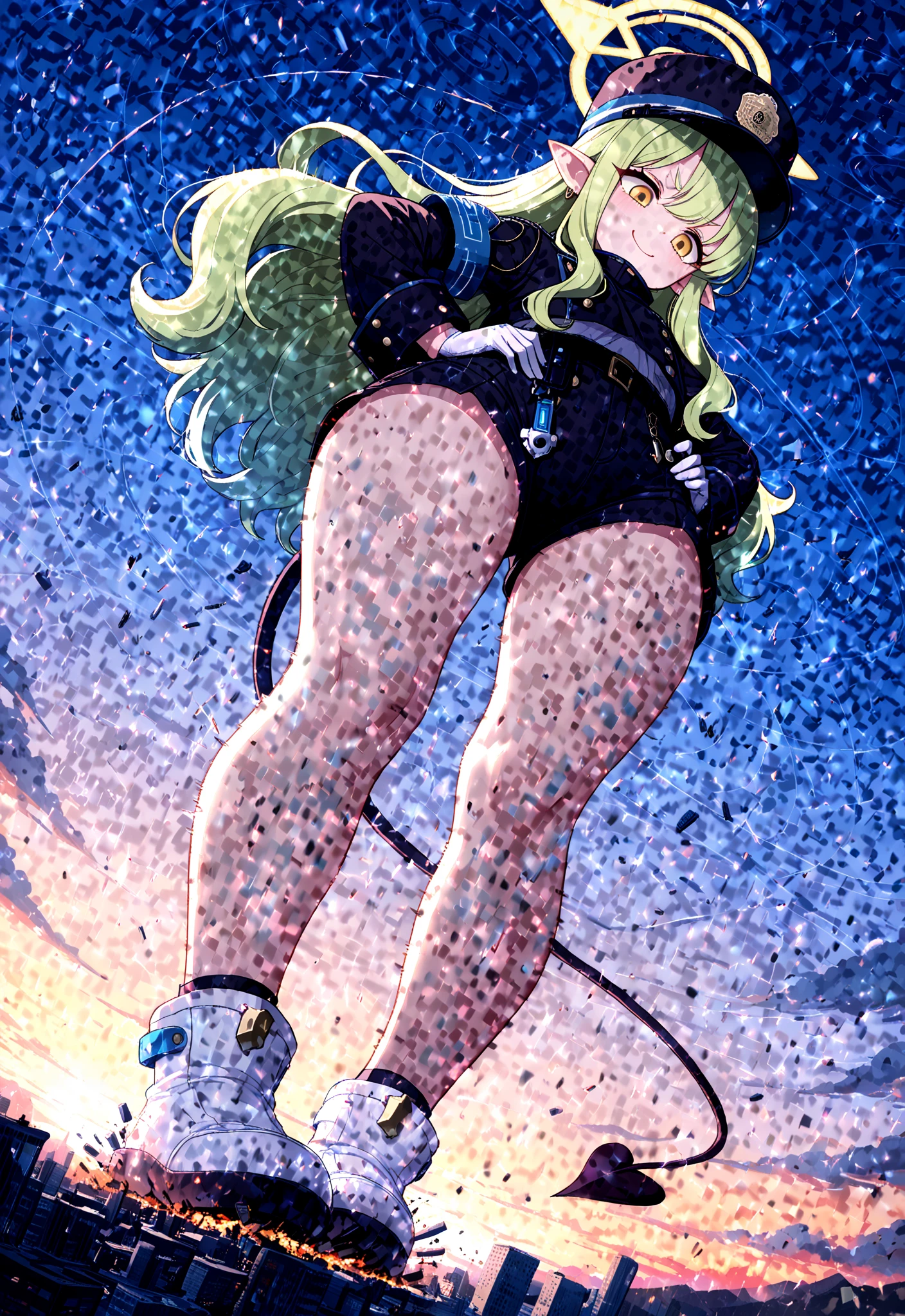 Masterpiece, highest quality, high definition, full body, girl alone, low angle, directly below, looking up from the feet to the head, blonde hair, bob cut, red eyes, sparkling eyes, ruby eyes, tanned skin, dark skin, underwear, underwear drawn in detail, sexy underwear, irreverent expression, under the blue sky, an island in perpetual summer