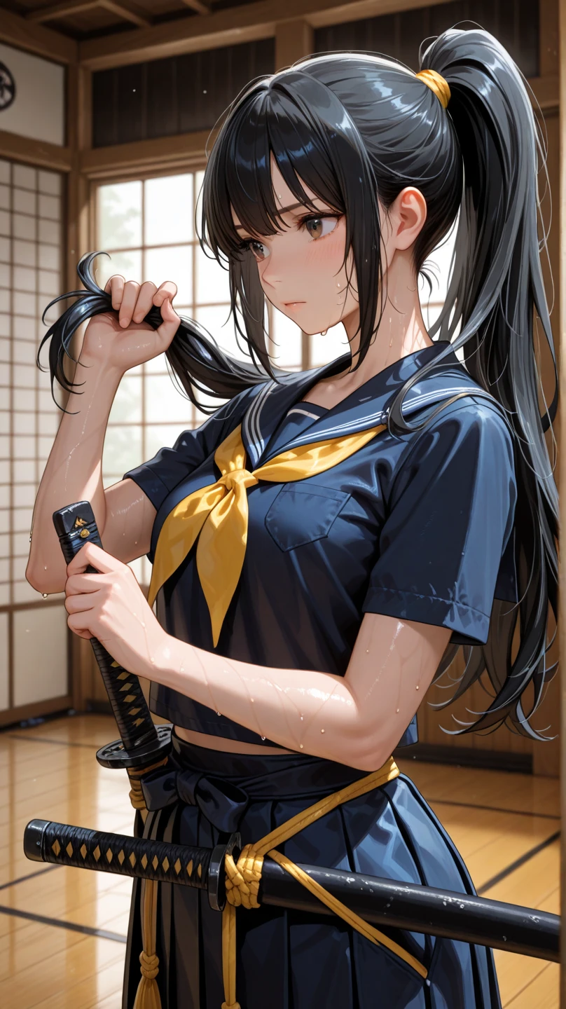 Indonesian teenage girl. White skin. Indonesian martial artist. Indonesian silat. Blue batik silat outfit. Flat chest. No bra. Black hair. At the dojo. Fighting pose. Beautiful teenage face. Cute smile.