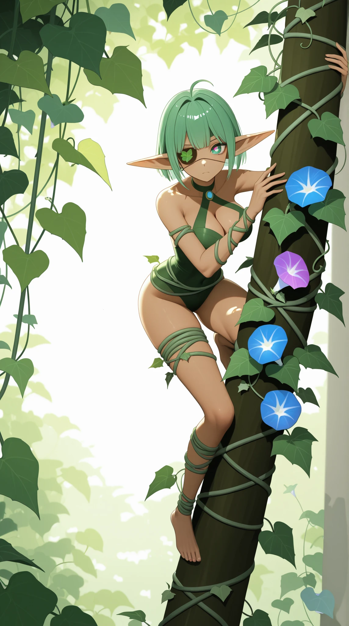 Female Elves by Chen Dingbo, pointed ears, Vines wrap around the whole body, morning glory flower eye patch with climbing plants, one eye hidden,