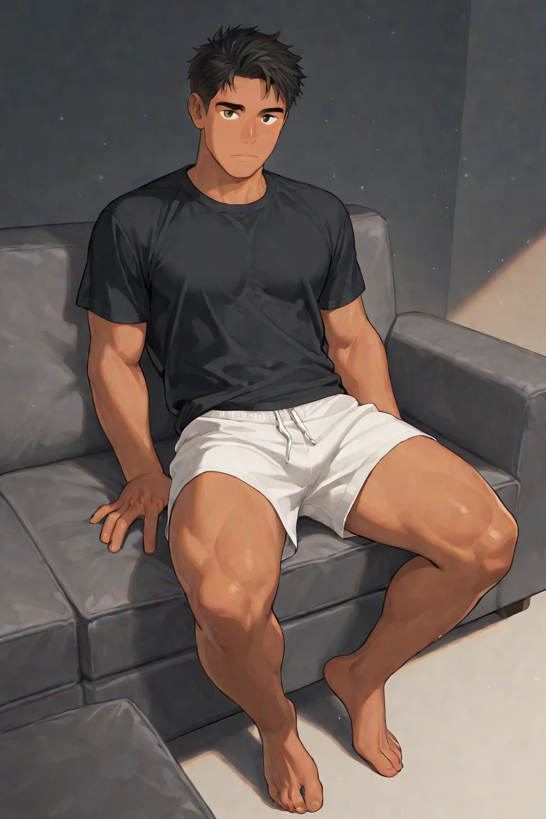 (masute piece, Best Quality), arafed boy in black shorts laying in bed,soft lighting, full body portrait of a short!
