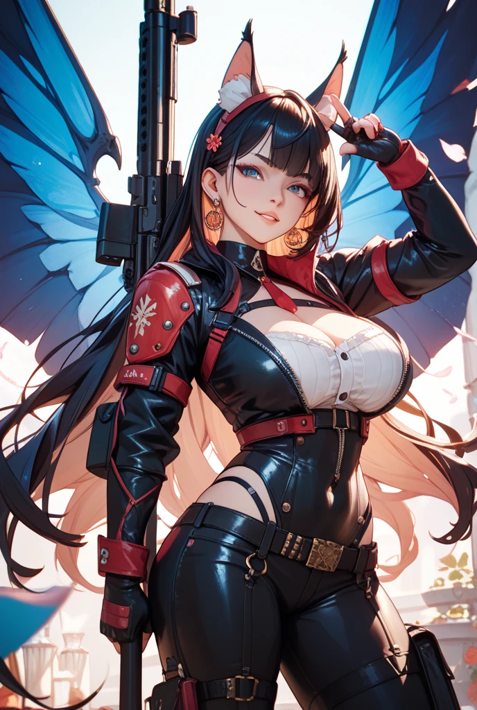 Tall, pale woman, long black hair tied with a red ribbon, black glasses with butterfly design legs, huge breasts with a watch attached to them in the center, Dressed in tight black outfits with white details on the gloves with red palms, black high heels with two red pistols with green jewels attached to the legs, holding two red pistols with green jewelry, sexy posture, hitting an angel, cemetery background