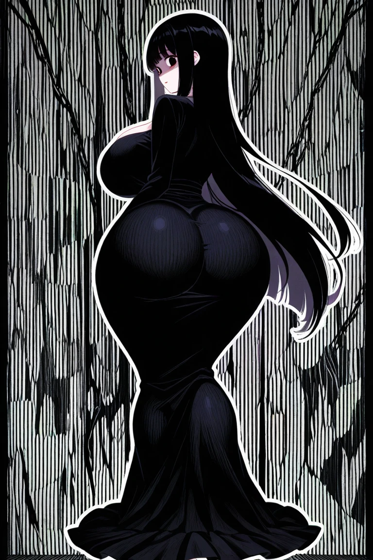 Create an image of the most stunningly gorgeous beautiful perfect sexy woman, stunningly beautiful face, large clevage, large  , perfect ass , full person view , long black tight edgGD goth dress, spider webs,