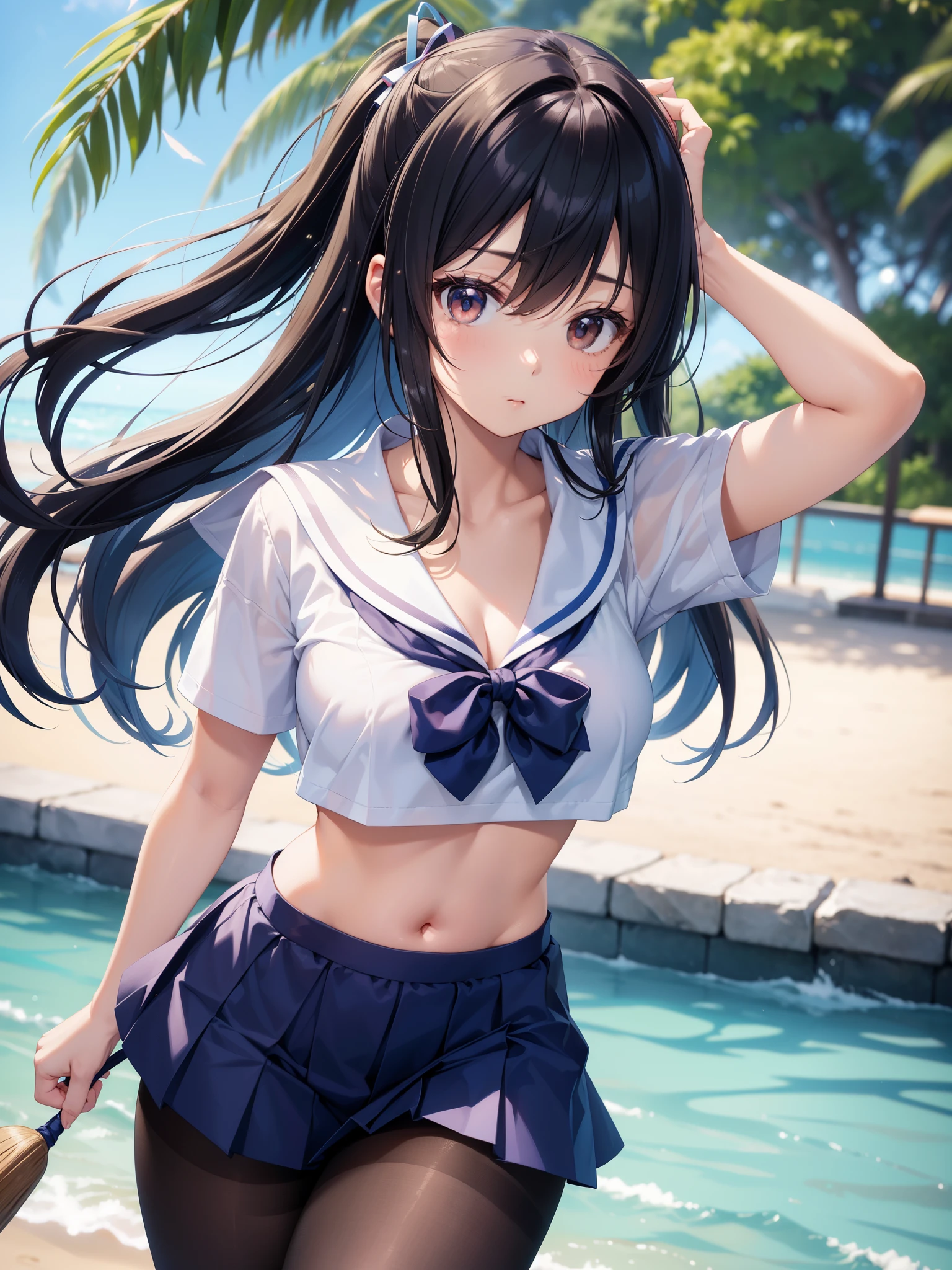 （（highest quality、Masterpiece、Normal body、8k、Detailed face、Ultra-precision、Normal hand、Normal finger、５Finger、Highest））rainbow髪、Sailor suit、Miniskirt、High leg、Gentle Breeze、Shy smile、water droplets、Wet and see-through、Sailor suitがWet and see-throughて下着が見える、Embarrassed, she covers her chest and crotch with both hands、rainbow