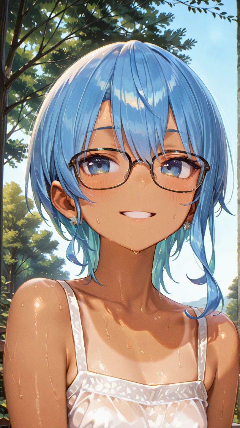 masterpiece, best quality, highres, ram1, 1girl, solo, rem \(re:zero\), blue hair, short hair, red eyes, round glasses, hair over one eye, ribbon trim, hair ribbon, x hair ornament, frills, loose crop top, see trough, nipples, wet tank top, blue panties, wet panties, cameltoe, medium breasts, cleavage, sweating, hair flower, outdoor s, standing, smile, perfect background, perfect light
