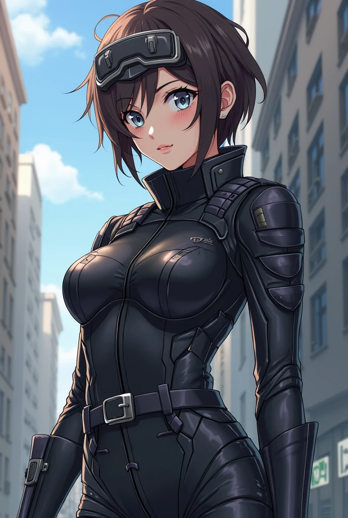 (best quality, masterpiece, official art, highres:1.2), extremely detailed CG unity 8k wallpaper, ultra detailed, portrait shot of slutty girl, eye contact, short shirt, city background,, medium breasts, brown hair, short hair, <lora:Misaka_Worst_B:1>, bags under eyes, bodysuit, armor