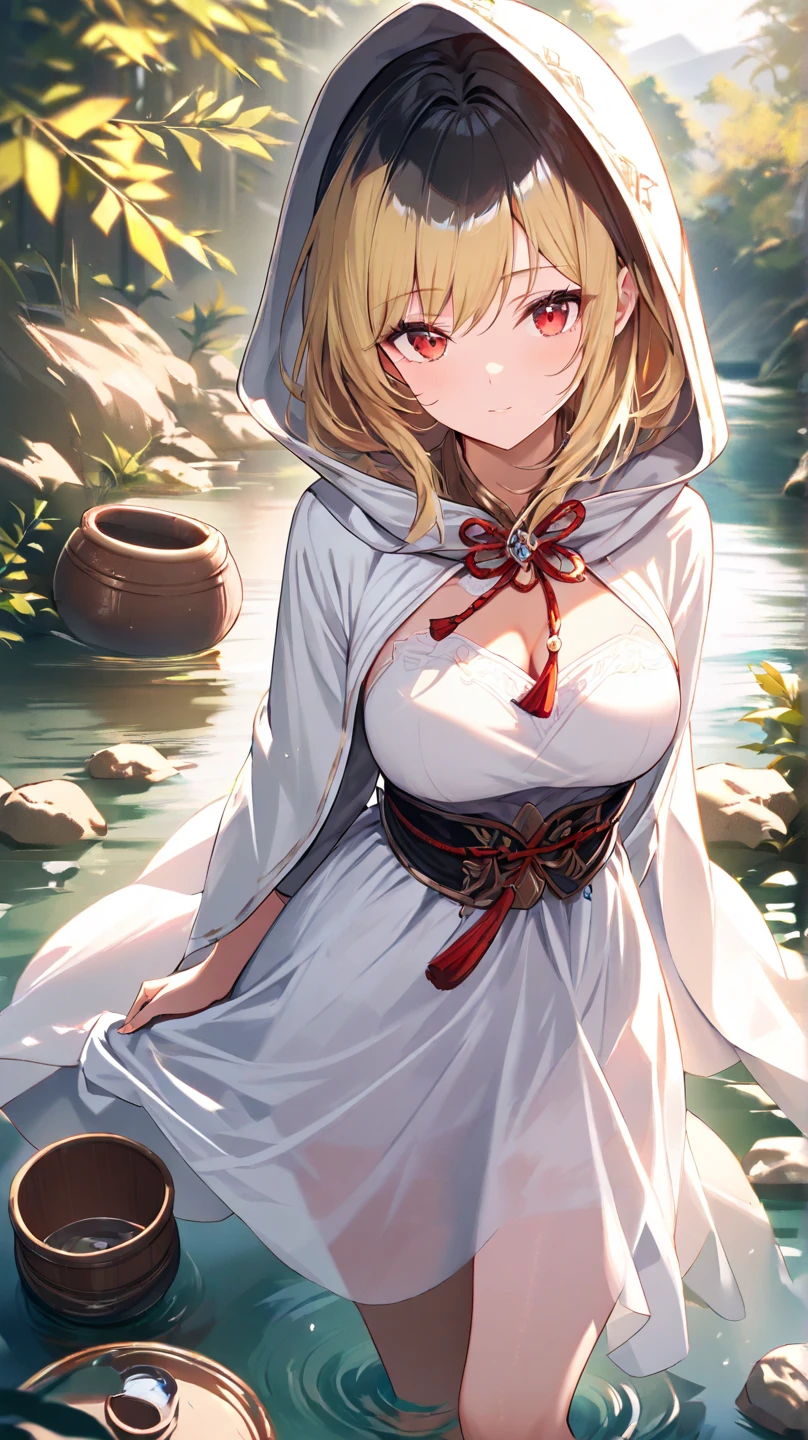(NSTDA.:1.2), (10, beste-Qualit, master-piece: 1.4), ultra-high resolution, (lifelike, photorealistic portrait: 1.48), 25 years old, Cute Girl, Famous Japanese actors, gigantic breasts, Blue Eyes, Head tilt, cowboy shot, from the side, looking at the audience, expressionless, Beautiful lake, Zeiss 150mm F/ 2.8 Hasselblad, In Japanese shrines, Whole body, foot, Ultra-Wide Angle