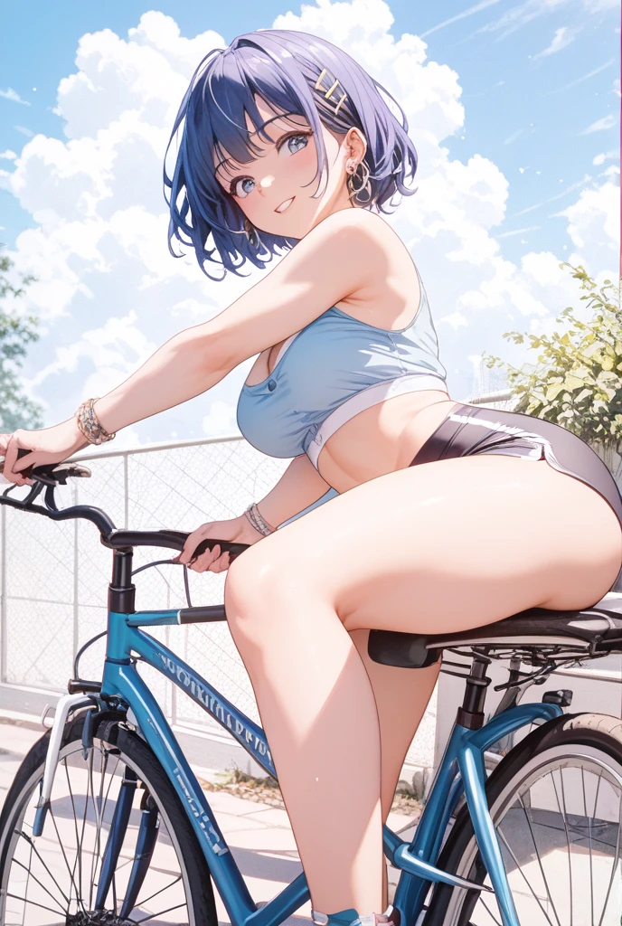 One girl,Kaoru、The whole body is shown、slender body,ideal ratio body proportions,Gentle expression、smile、blush、Shyness、On the road、Riding a bicycle、looking viewer,See-through string bra、Sheer string panties、from below,crowd,A complete depiction of the human body、masterpiece, Highest quality, Game CG, ultra detailed、highres、extremely detailed CG