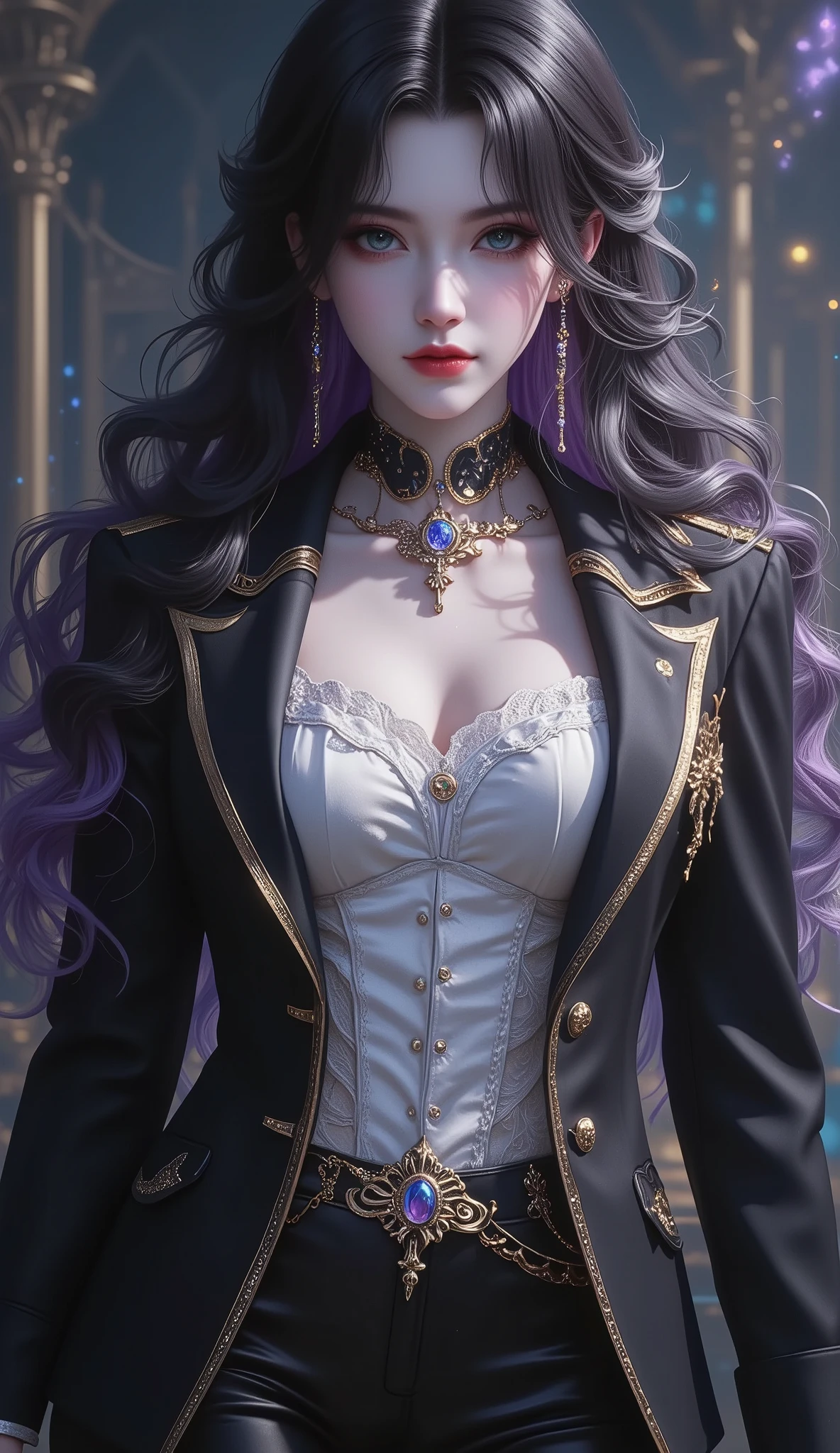 (masterpiece, detailed:1.2), Voluptuous woman, mature woman, fierce woman, gradient hair, long hair, voluminous hair, emerald eyes, glossy lips, expressionless, gothic, thick eyelash , black hair, gold gradient highlight, dark hair, multicolored hair, colored inner hair, (suit jacket, white lace strapless top, gold trim, tight tube pants), Sapphire brooch, soft lighting, various iridescent foggy glitter effects, brilliant light and shadow, seamless, contrast, gradation effects, highly detailed, sharp focus and contrast, extremely clear image, effects magic,