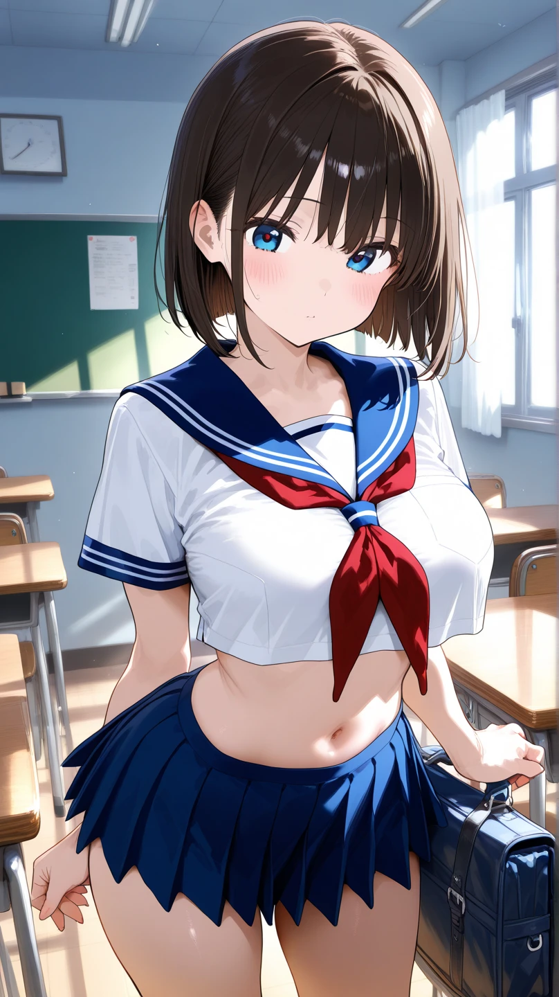 masterpiece, best quality, 3 girls, 10yo, (petite), from above,
 seductive smile, :o, standing, sailor uniform, (open clothes), (clothes lift), flat chest, nipples, classroom,