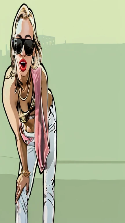 Blonde girl, with short hair, wearing a pink and white tank top, with cleavage, shiny and defined breasts, wearing short denim shorts, with the zipper open, squatting, hot girl, wearing pink sneakers