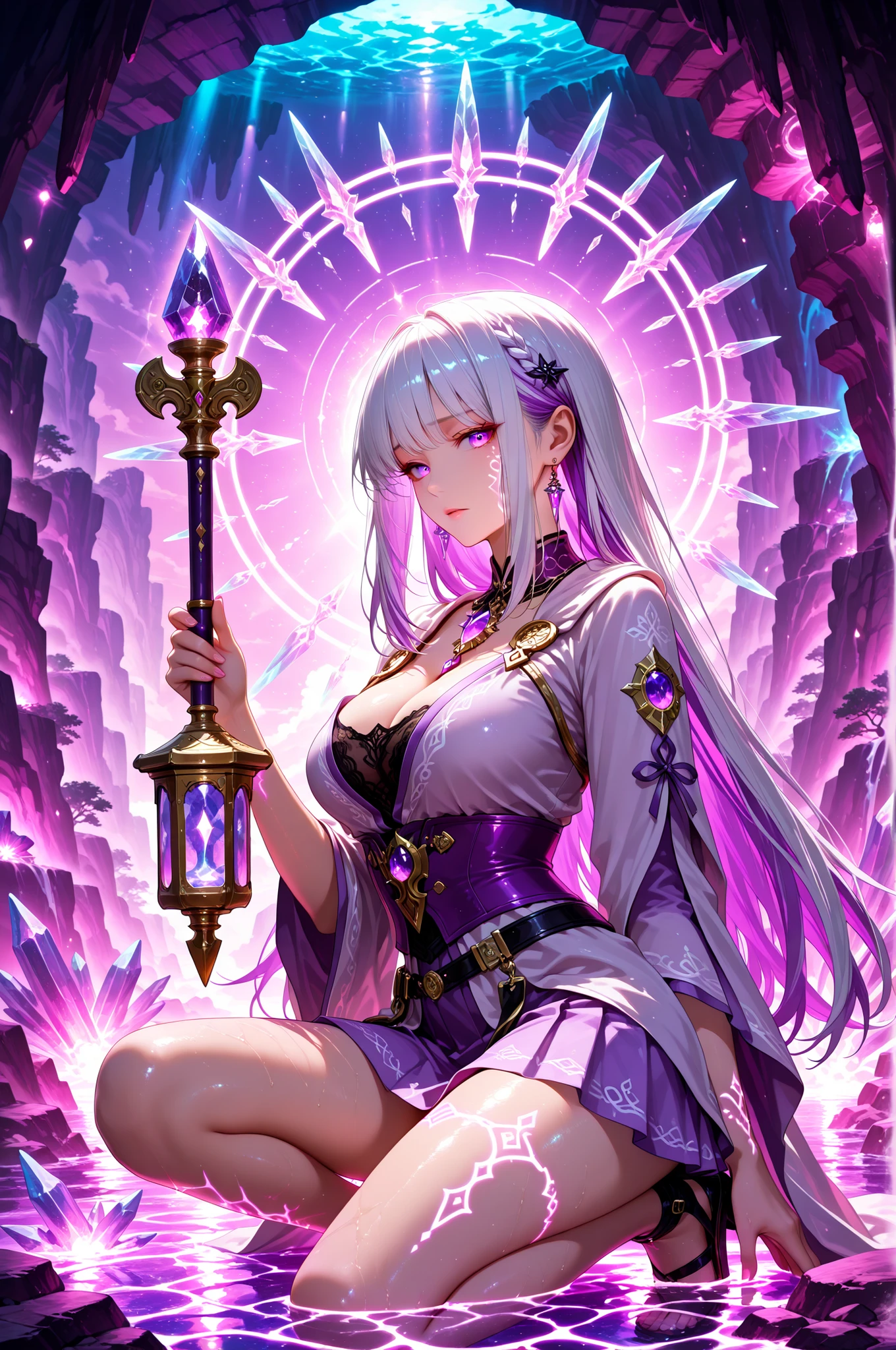 masterpiece, score_9_up, rich and vibrant anime style with realistic touches, detailed concept art, fantasy, atmospheric, from the side, body in profile, turning to look at viewer with a worried, lost expression,
1girl, 20-year-old Japanese adult woman, solo, knee-up shot, holding an ancient, glowing lantern that casts a warm light on her face, delicate Japanese facial features, large, expressive opal-colored eyes that shimmer with a myriad of colors, the facets of the crystals are reflected within her eyes like a complex kaleidoscope.
BREAK
(long straight hair, two-tone hair, amethyst purple and diamond white hair:1.2), the colors split perfectly down the middle, hyper-detailed hair texture, catching and refracting the light from the crystals in a spectacular display of color, glowing runes are subtly woven into her braids.
BREAK
wearing a fantasy adventurer's outfit, a durable but elegant leather top that is tightly laced, emphasizing the deep cleavage of her large breasts, adorned with polished metal and crystal shards, paired with a short, layered miniskirt of tough fabric, designed for movement.
BREAK
lost within a massive, breathtaking crystal cave, cinematic lighting, the entire cave is illuminated from within by the giant, translucent crystals, each emitting a different colored light (blue, purple, pink), creating a chaotic and beautiful interplay of light and shadow, caustics patterns dance on every surface, the air is filled with floating, glowing spores, creating an overwhelmingly magical and surreal environment.
