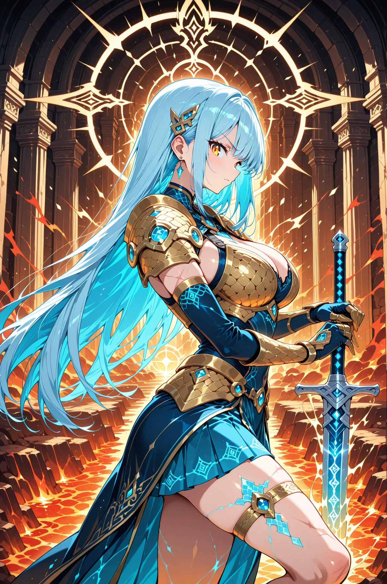 masterpiece, score_9_up, flat anime style, best quality, intense, fantasy, from the side, body in profile, head turned sharply to look at viewer with a fierce, protective glare,
1girl, 20-year-old Japanese adult woman, solo, knee-up shot, one hand resting on the hilt of a massive sword, her body positioned defensively in front of a giant egg, delicate Japanese facial features contorted into a determined scowl, large, piercing orange eyes that glow like embers, pupils narrowed into slits.
BREAK
(long straight blue hair:1.2), the color of a deep ocean, braided with metallic rings and dragon scales, hyper-detailed hair texture, catching the fiery light of the surrounding lava, a few strands whipping around her face from the heat haze.
BREAK
wearing intricately detailed dragon scale armor, the polished blue and silver scales shimmer and reflect the light, the breastplate is molded to her form, emphasizing the shape of her large breasts and creating a powerful cleavage, the armor is adorned with glowing runes and battle scars, paired with a short, armored miniskirt.
BREAK
inside a vast dragon's lair, a cavern filled with immense heat and the smell of brimstone, cinematic lighting, the primary light source is the glowing, molten lava flowing in rivers around the cavern floor, casting dramatic, dancing shadows, behind her rests a colossal, iridescent dragon egg, pulsating with a soft inner light, the background is a mountain of gold coins, jewels, and ancient artifacts, creating a scene of immense danger and legendary treasure.