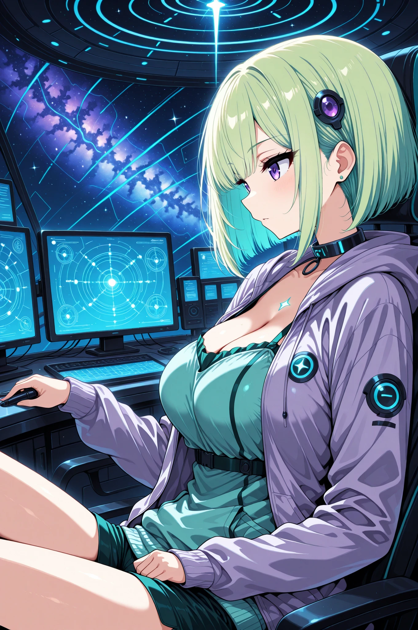 masterpiece, score_9_up, flat anime style, best quality, deadpan, cool, from the side, body in profile, turning her head to give the viewer a lazy, unimpressed "jito-me" stare,
1girl, 20-year-old Japanese adult woman, solo, upper body shot, slouched low in a reclining seat, one hand propping up her cheek, delicate Japanese facial features set in an expression of utter boredom, large, half-lidded amethyst purple eyes reflecting the star-filled dome above.
BREAK
(green bob hair:1.2), a sharp, stylish cut with perfect lines, the dark green color absorbs the faint light, creating a deep, velvety texture, her bangs perfectly frame her face, detailed hair strands are subtly visible even in the low light.
BREAK
wearing a casual outfit, a loose-fitting hoodie with a quirky alien print, the soft fabric drapes over her, but the way she is slouched still hints at the full curve of her large breasts, creating a shadowed cleavage deep within the hoodie's collar, paired with comfortable short pants.
BREAK
inside a dark and quiet planetarium, cinematic lighting, the only illumination comes from the thousands of projected stars, constellations, and the faint glow of the Milky Way on the massive dome ceiling, creating a deeply immersive and tranquil atmosphere, the detailed silhouettes of other audience members can be seen in the rows below, adding to the sense of a shared, yet personal experience.